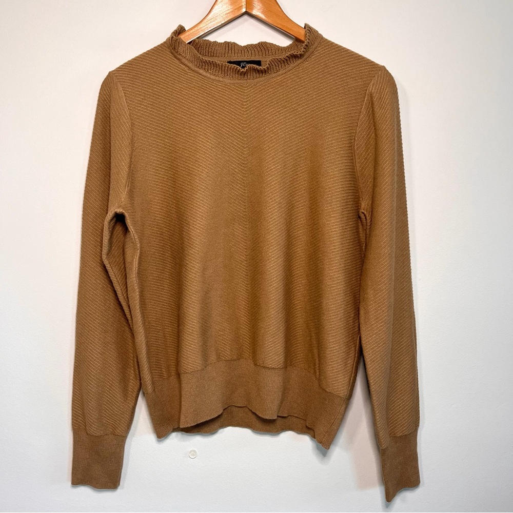 J. Crew Wool Blend Ruffled Neck Ribbed Tan Crewneck Women’s Sweater Medium